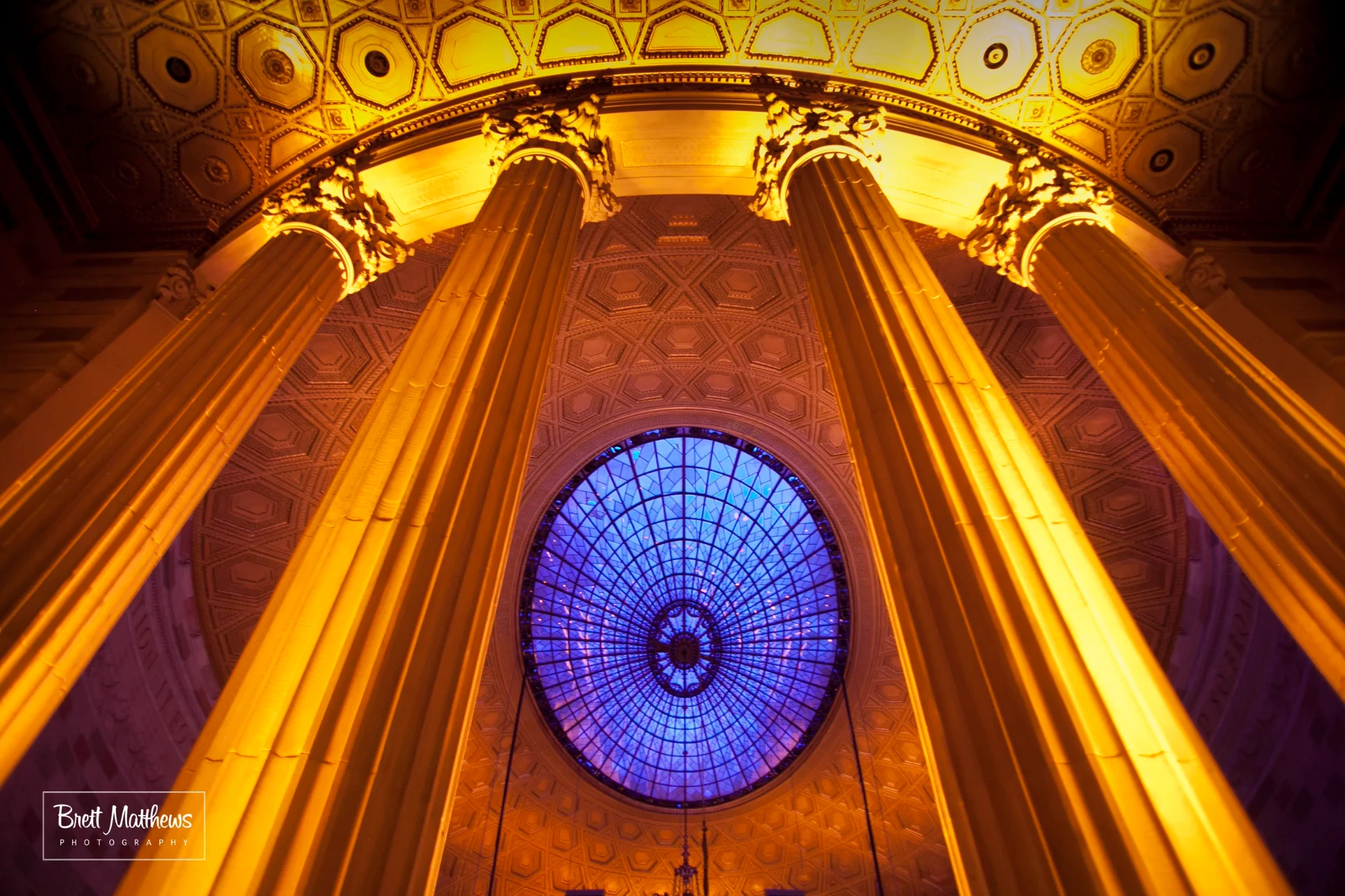Black and white photograph of the original banking hall under the dome
