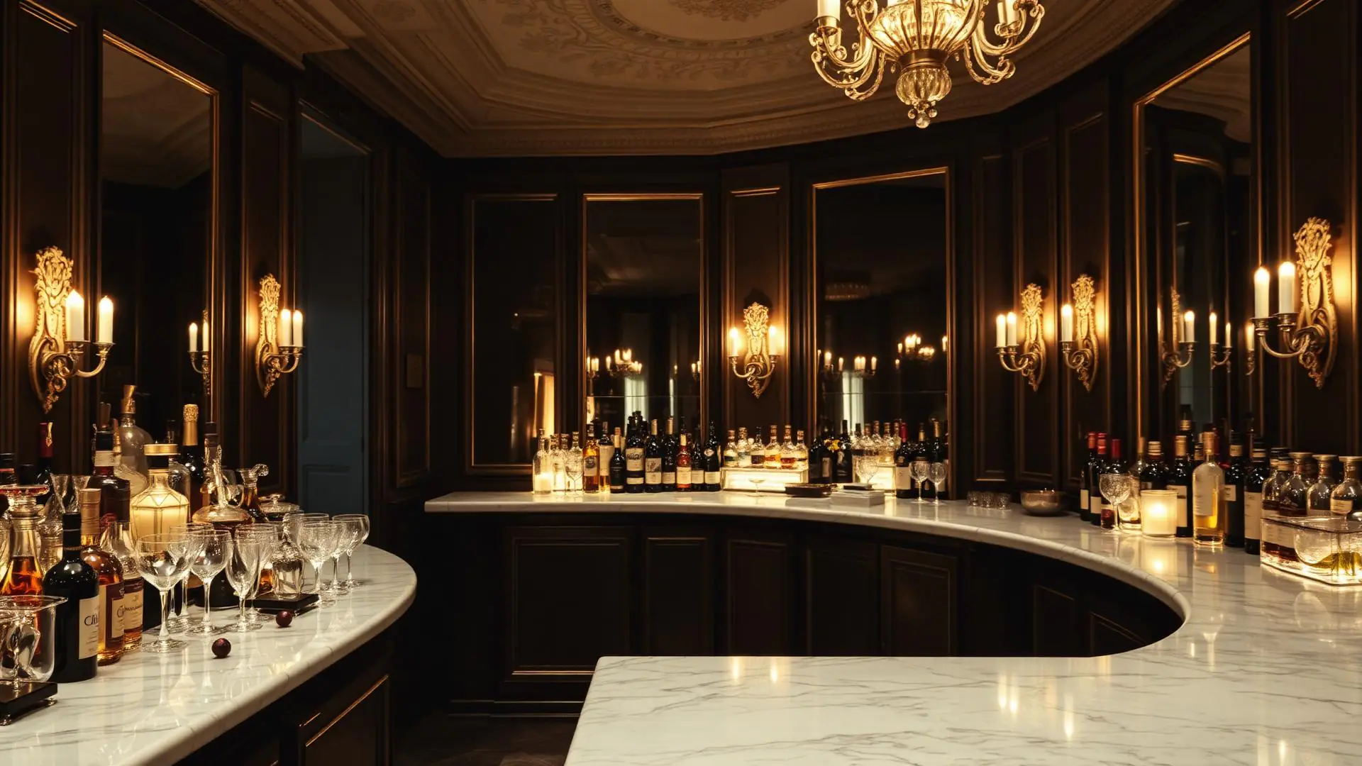 Marble and brass bar lined with crystal glassware
