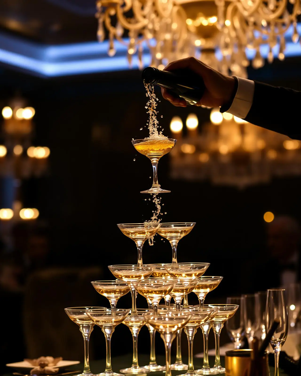 Champagne tower being poured at a black-tie gala
