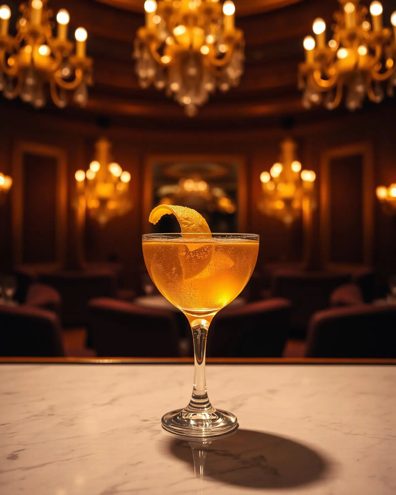 Signature gold cocktail in a coupe at the marble bar