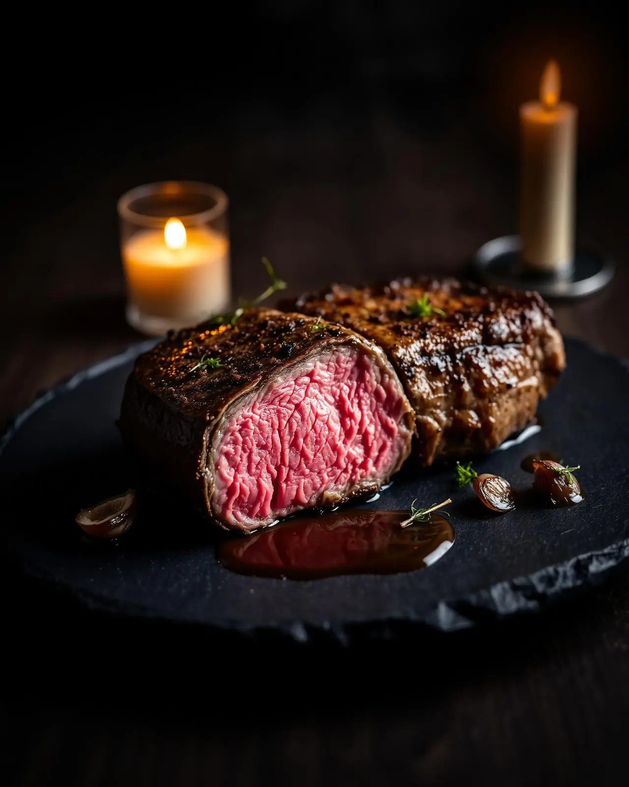 Sliced dry-aged ribeye with bone-marrow jus