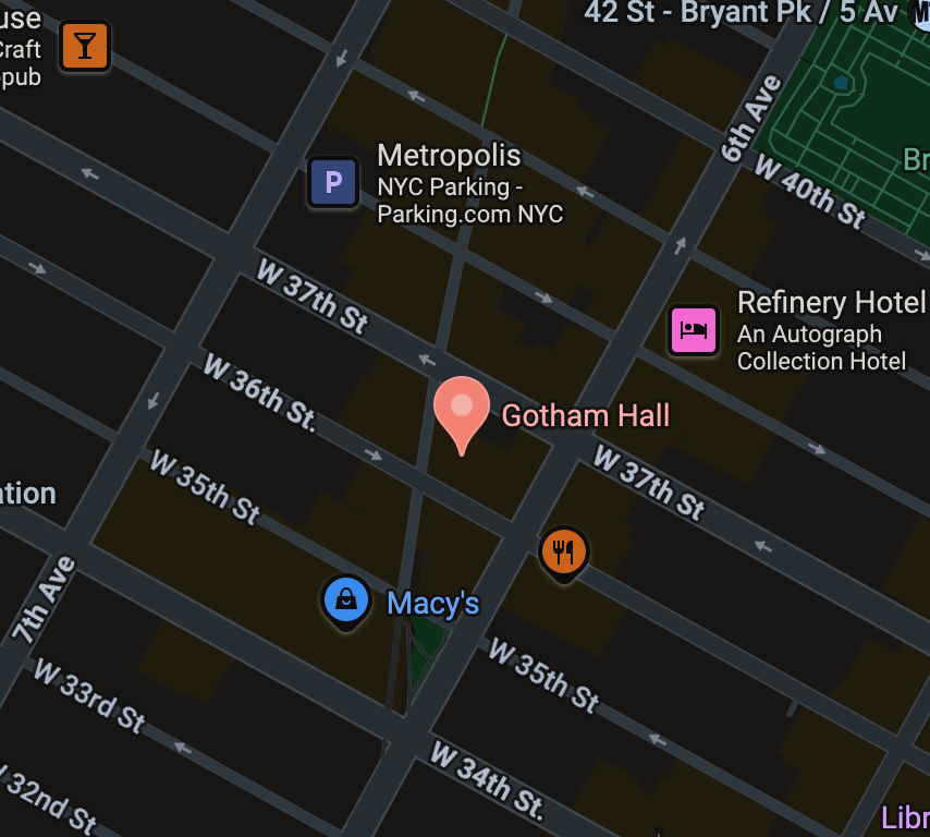 Map showing Gotham Hall at 1356 Broadway, New York